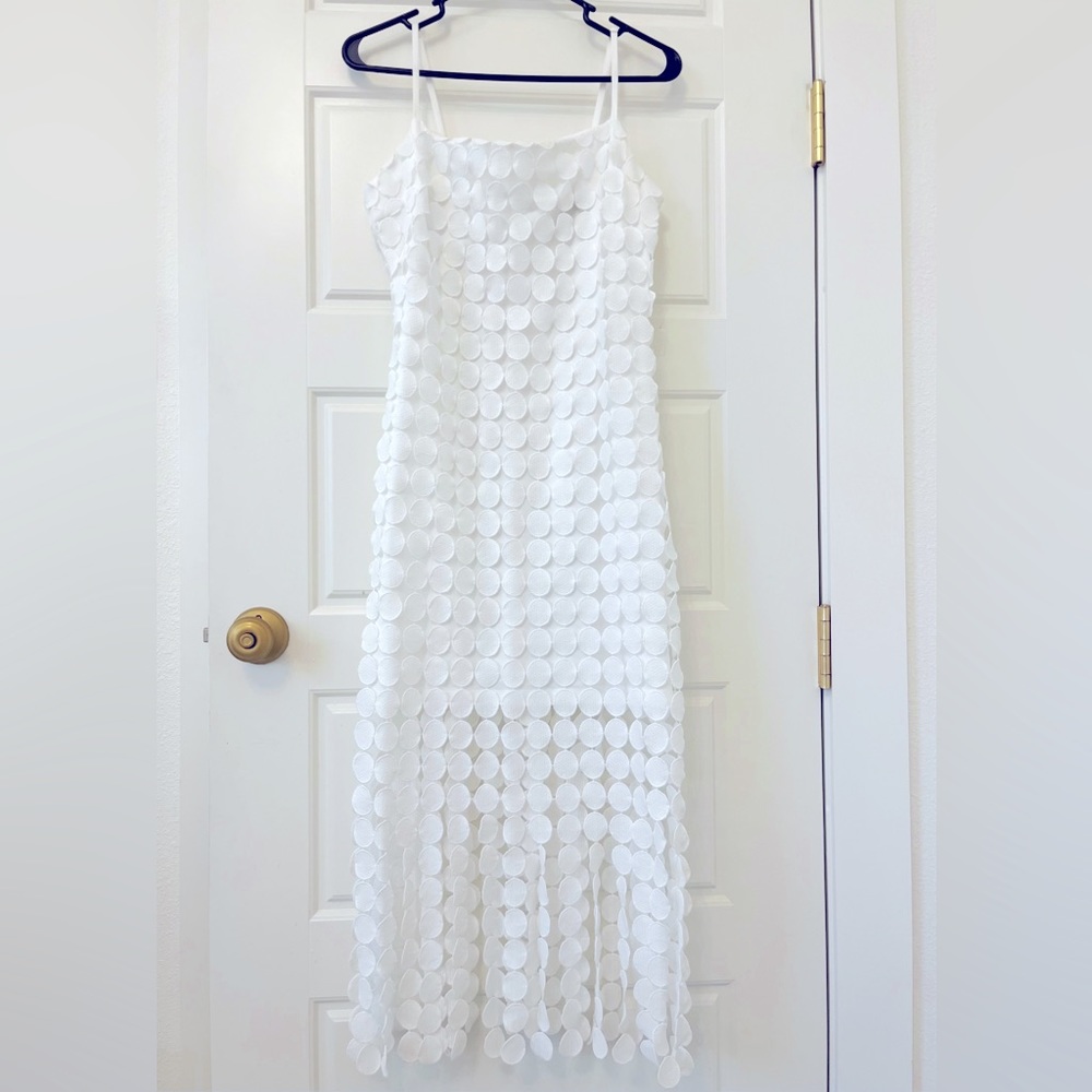 Lulu’s Fun Fascination White 3D Dot Sleeveless Fringe Midi Dress